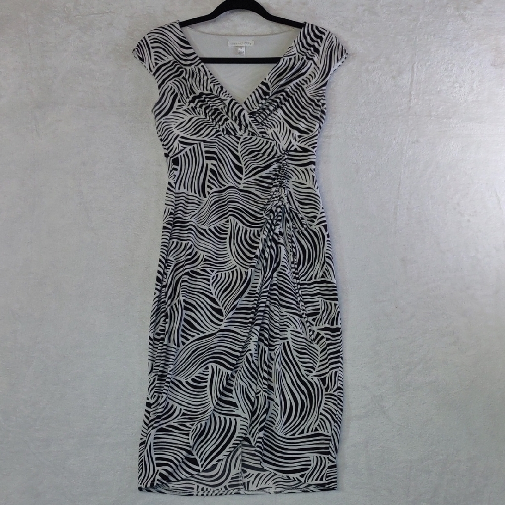 London Times Black and White Zebra Print Midi Dress, Slit On Side